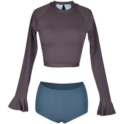 Trendsi Bikini Swim Set long sleeve cropped rashguard with ruffle cuffs and high waist blue bottoms