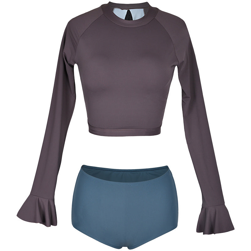 Trendsi Bikini Swim Set long sleeve cropped rashguard with ruffle cuffs and high waist blue bottoms