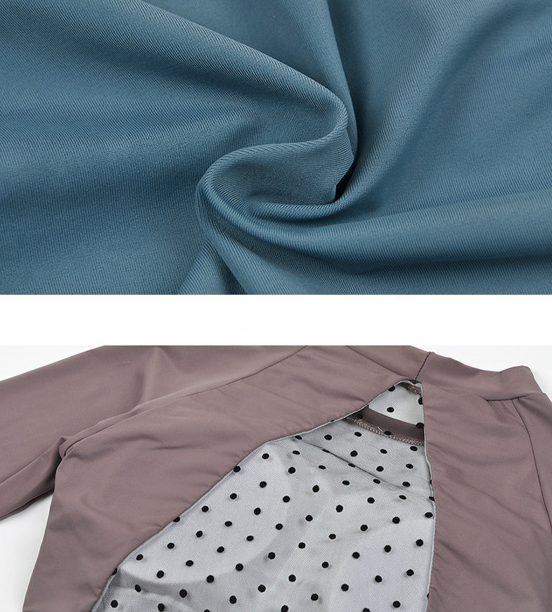 Trendsi Bikini Swim Set blue stretch fabric closeup and mauve polka dot lined coverup detail