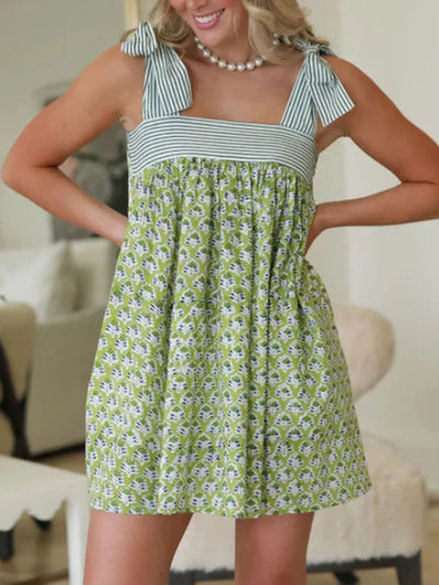 Trendsi Tie Shoulder Mini Dress green floral print with striped bodice and bow tie shoulder straps