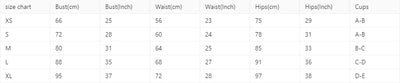 Size chart for self tie black string bikini showing measurements for bust waist hips and cups in XS to XL