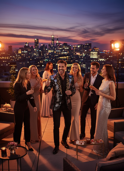 Sequin blazer at rooftop party