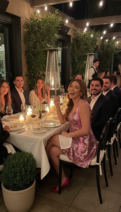 Sequin Floral Mini Dress - Restaurant Patio Lifestyle