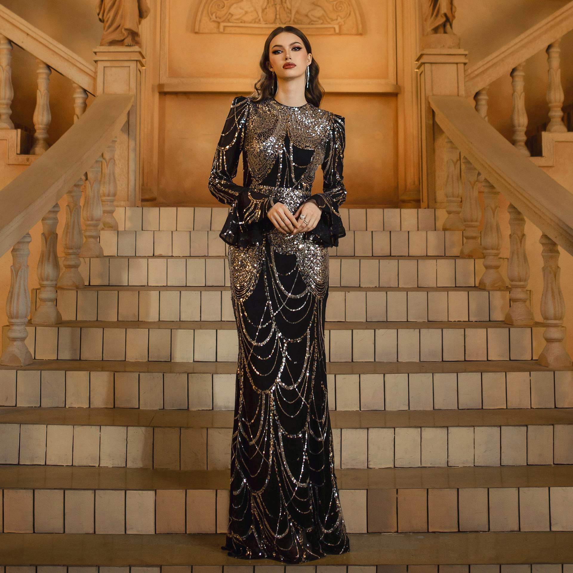 Elegant Sequined Fishtail Wedding Dress with elegant designs and a flattering silhouette on a model