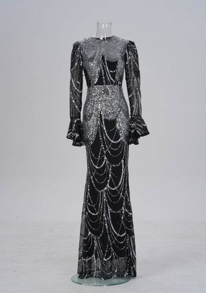 Elegant Sequined Fishtail Wedding Dress with Long Sleeves and Flared Cuffs