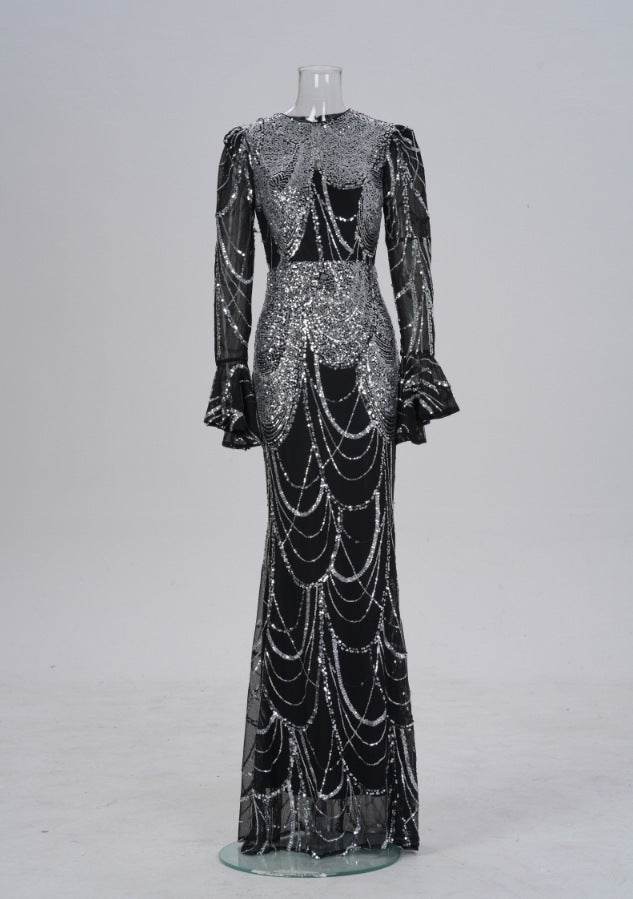 Elegant Sequined Fishtail Wedding Dress with Long Sleeves and Flared Cuffs