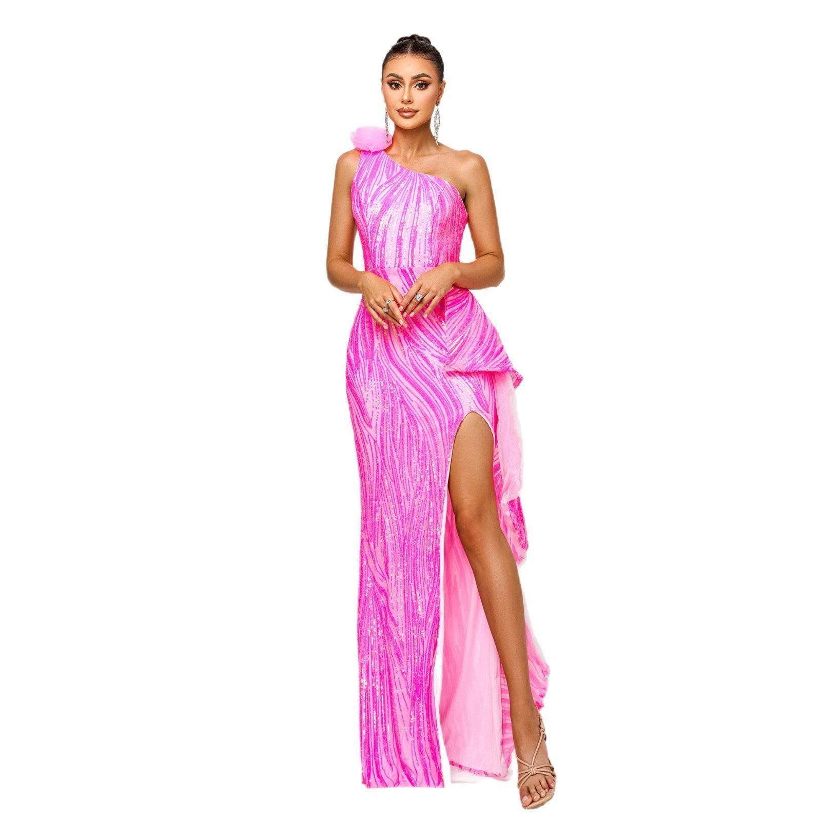 Stunning sequined slit wedding dress in pink with a one-shoulder design for a glamorous bridal look