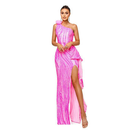 Stunning sequined slit wedding dress in pink with a one-shoulder design for a glamorous bridal look