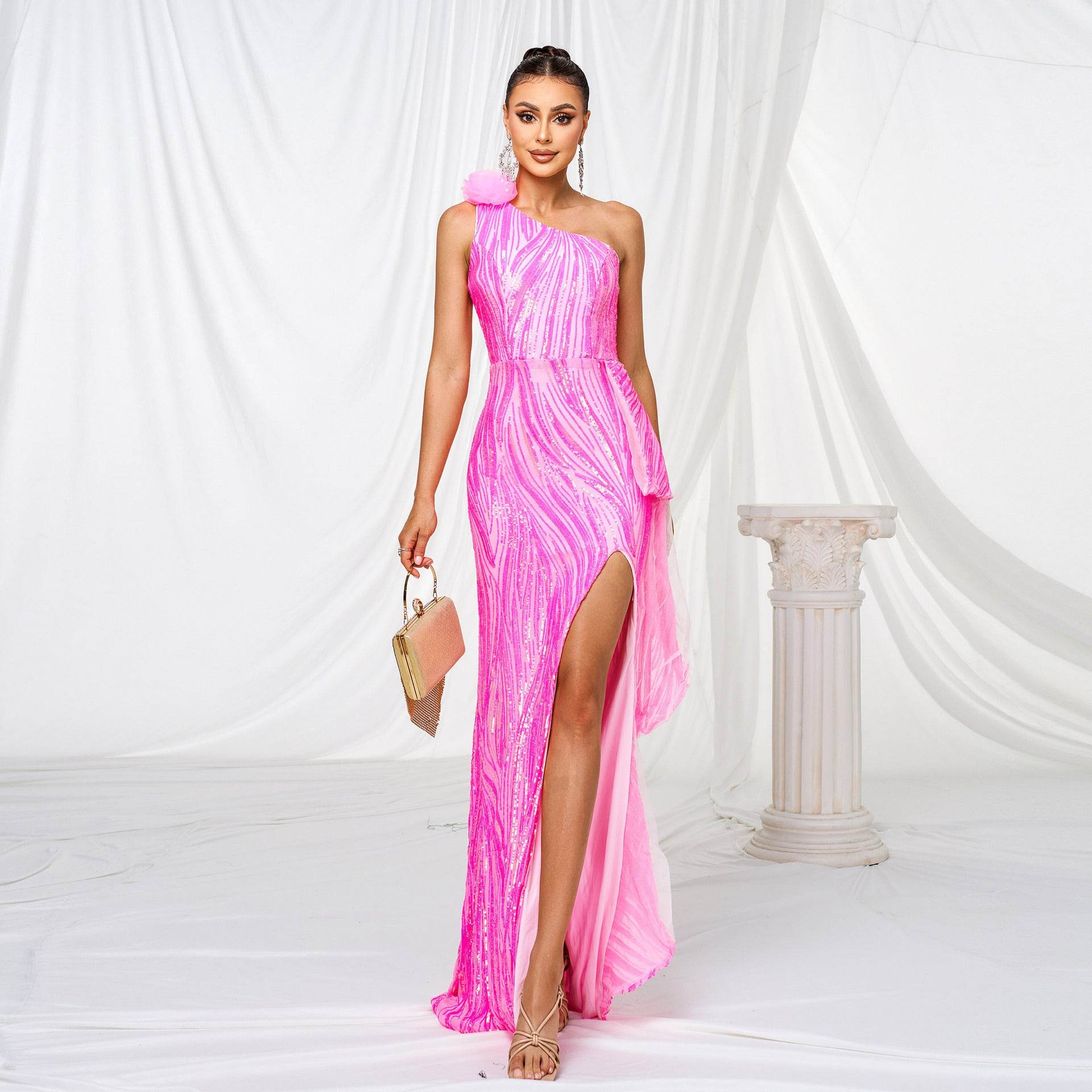 Elegant pink Sequined Slit Wedding Dress with a one-shoulder design and flowing fabric for a stunning look