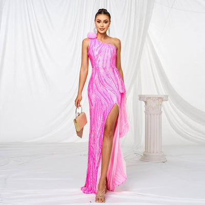 Elegant pink Sequined Slit Wedding Dress with a one-shoulder design and flowing fabric for a stunning look