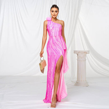 Elegant pink Sequined Slit Wedding Dress with a one-shoulder design and flowing fabric for a stunning look
