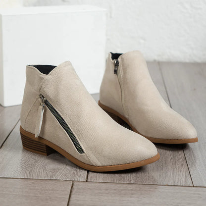 Trendsi beige suede women's side zip ankle boots with low stacked heel and round toe