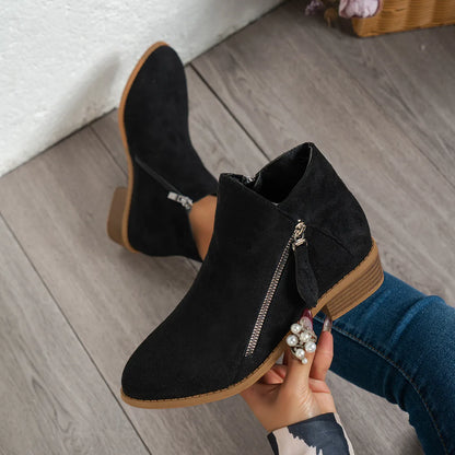 Trendsi black suede women's side zip ankle boots with tan stacked heel and pearl tassel zipper