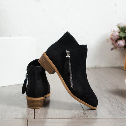 Trendsi black suede women's side zip ankle boots with stacked wood heel and silver tassel zipper