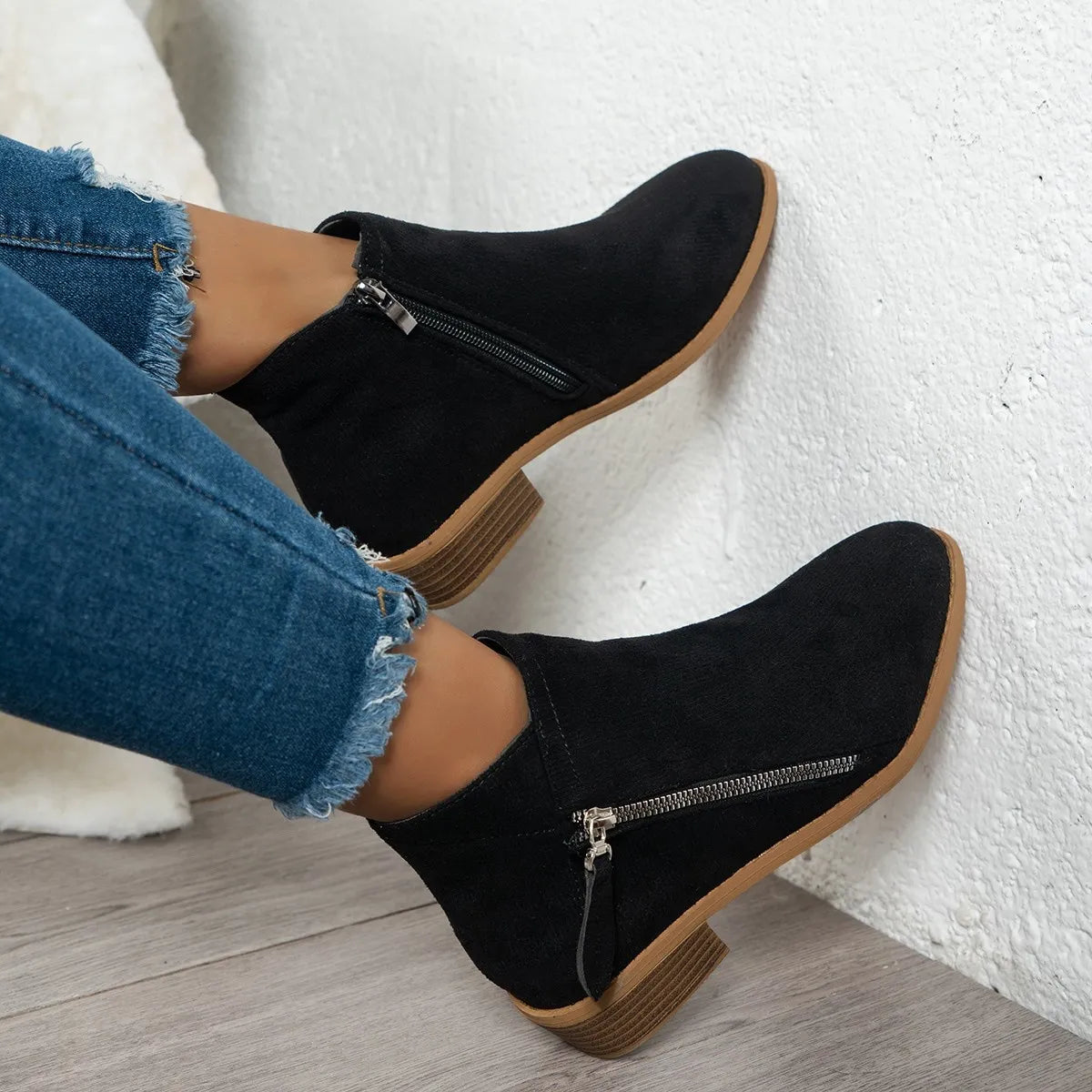 Trendsi black suede women's side zip ankle boots with low stacked wood heel and almond toe