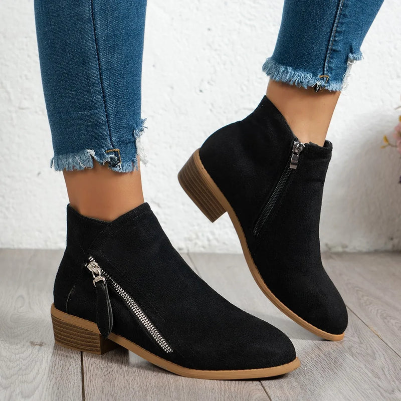Trendsi black suede women's side zip ankle boots with low stacked heel and tassel zipper
