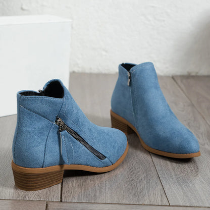 Trendsi blue suede women's side zip ankle boots with low stacked heel and side zipper detail