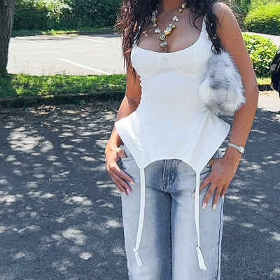 Trendsi Boning Corset Top white fitted corset style with garter straps worn with jeans outdoors