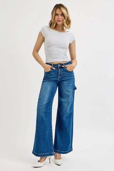 RISEN Full Size High Rise Wide Leg Patch Detailed Jeans - Fashions Envy