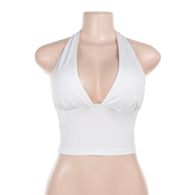 Trendsi white Stretch Crop Top halter with deep V neckline sleeveless fitted summer layering piece