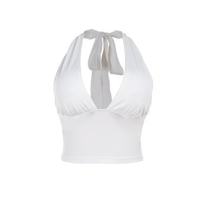 Trendsi white halter Stretch Crop Top with plunging neckline tie back and fitted stretchy fit