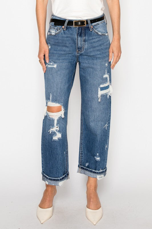 Artemis Vintage women's hybrid high rise jeans distressed high rise cropped straight leg with rolled cuffs and rips