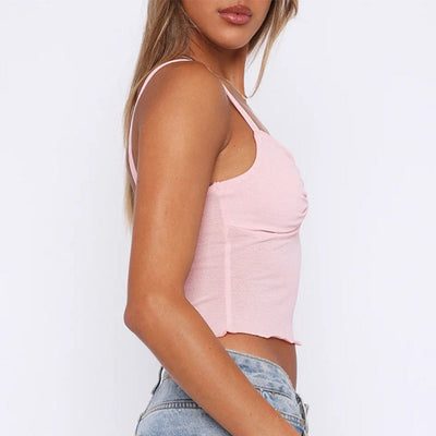 Trendsi Y2K V-neck camisole top in light pink cropped ribbed tank with thin straps and lettuce hem
