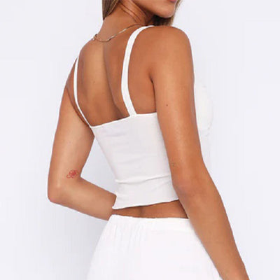 Trendsi model back view wearing white Y2K V-neck camisole top cropped with thin straps for casual summer layering