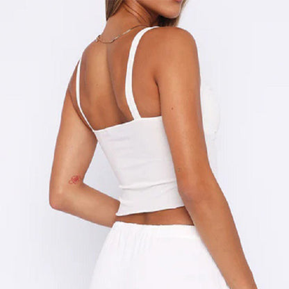 Trendsi model back view wearing white Y2K V-neck camisole top cropped with thin straps for casual summer layering