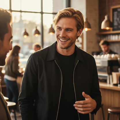 Simple black casual jacket - coffee shop scene