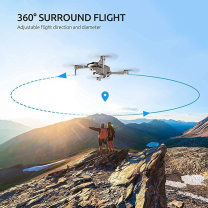 Trendsi 4K camera drone with GPS hovering over hikers on mountain ridge showing 360 surround flight