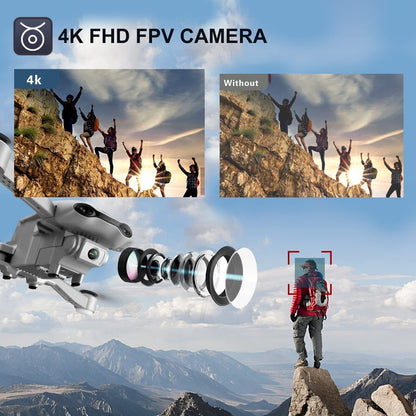 Trendsi 4K camera drone with GPS showing exploded lens and mountain hiker FPV comparison images