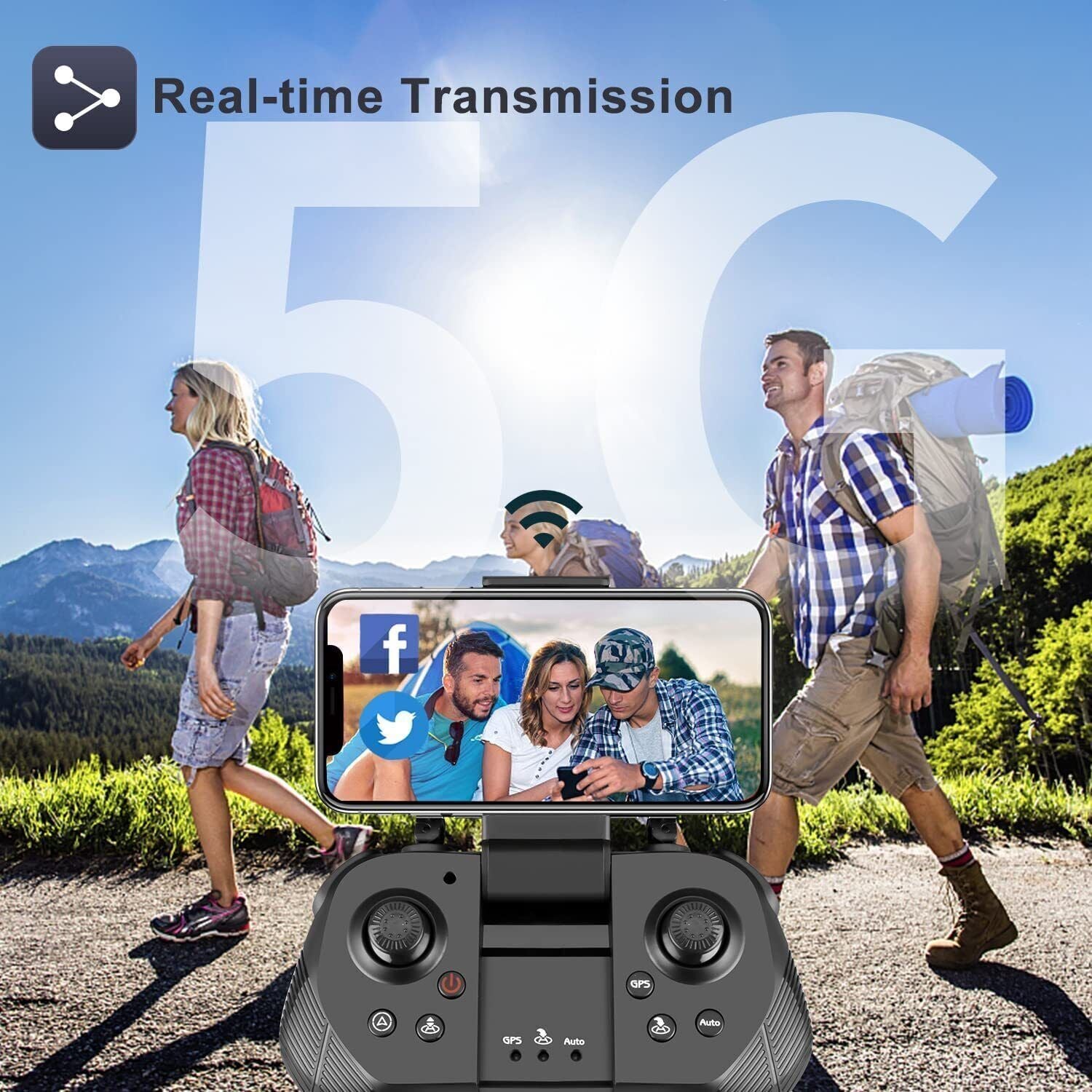 Trendsi 4K camera drone with GPS remote controller and smartphone display showing real time transmission during hiking
