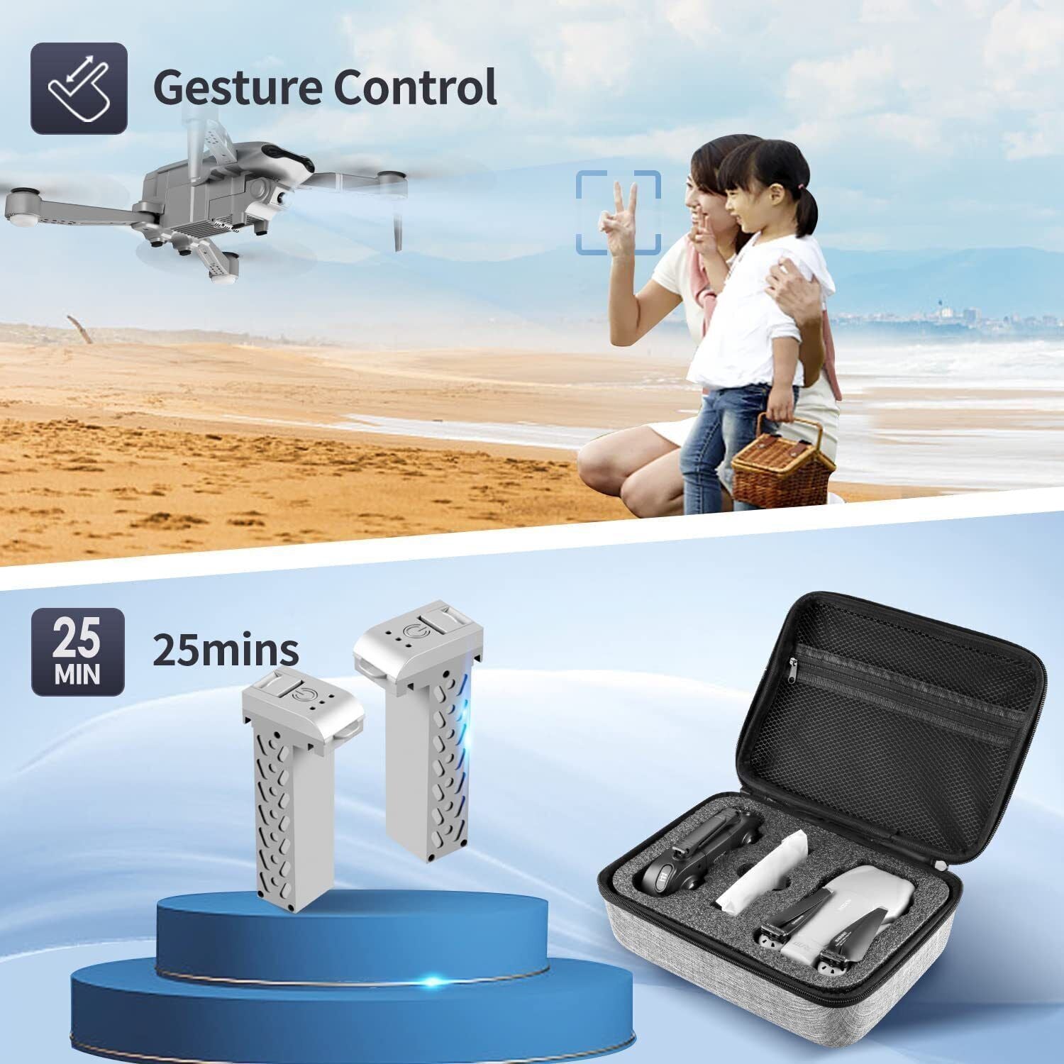 Trendsi 4K camera drone with GPS showing gesture control two batteries and carry case beside mother and child on beach