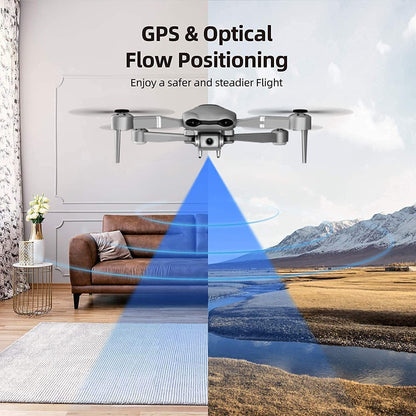 Trendsi 4K camera drone with GPS hovering between living room and landscape showing optical flow