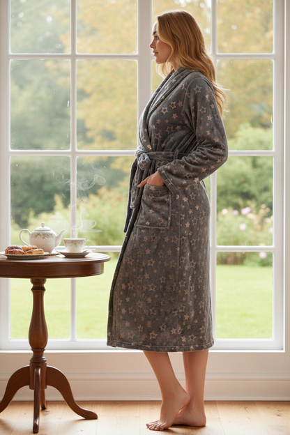 Slate gray star print robe side profile by window