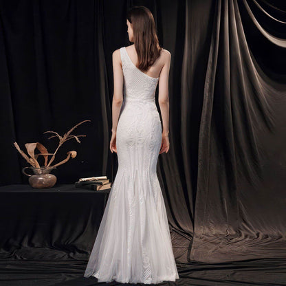 Elegant Slimming Fishtail Wedding Dress with intricate lace details and a one-shoulder design