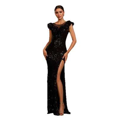 Elegant black Slit Wedding Gown with ruffle detailing and sparkling sequins for a stylish bridal look