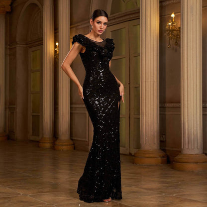 Elegant Slit Wedding Gown with ruffled sleeves, perfect for a stylish bridal look