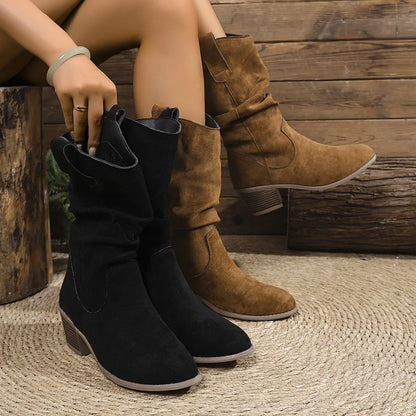 Trendsi Suede Slouch Boots pair in black and brown suede mid calf with low stacked heel for casual wear