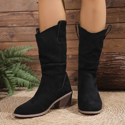 Trendsi black Suede Slouch Boots mid calf slouchy suede western style with stacked block heel