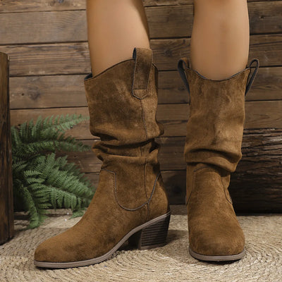 Trendsi Suede Slouch Boots brown mid calf slouchy suede pull on design with stacked heel