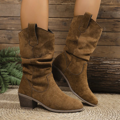 Trendsi Suede Slouch Boots in brown mid calf western style with stacked heel and pull tabs