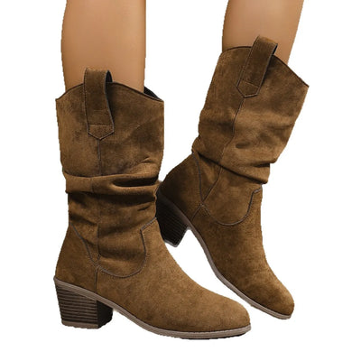 Trendsi brown Suede Slouch Boots mid calf western style with slouchy shaft pull tabs and stacked heel