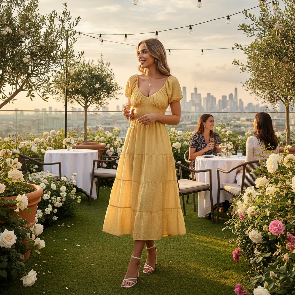 Solid Backless Tiered Puff Sleeve Fit Midi Dress Lifestyle Image