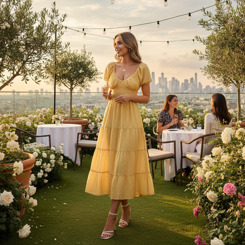 Solid Backless Tiered Puff Sleeve Fit Midi Dress Lifestyle Image