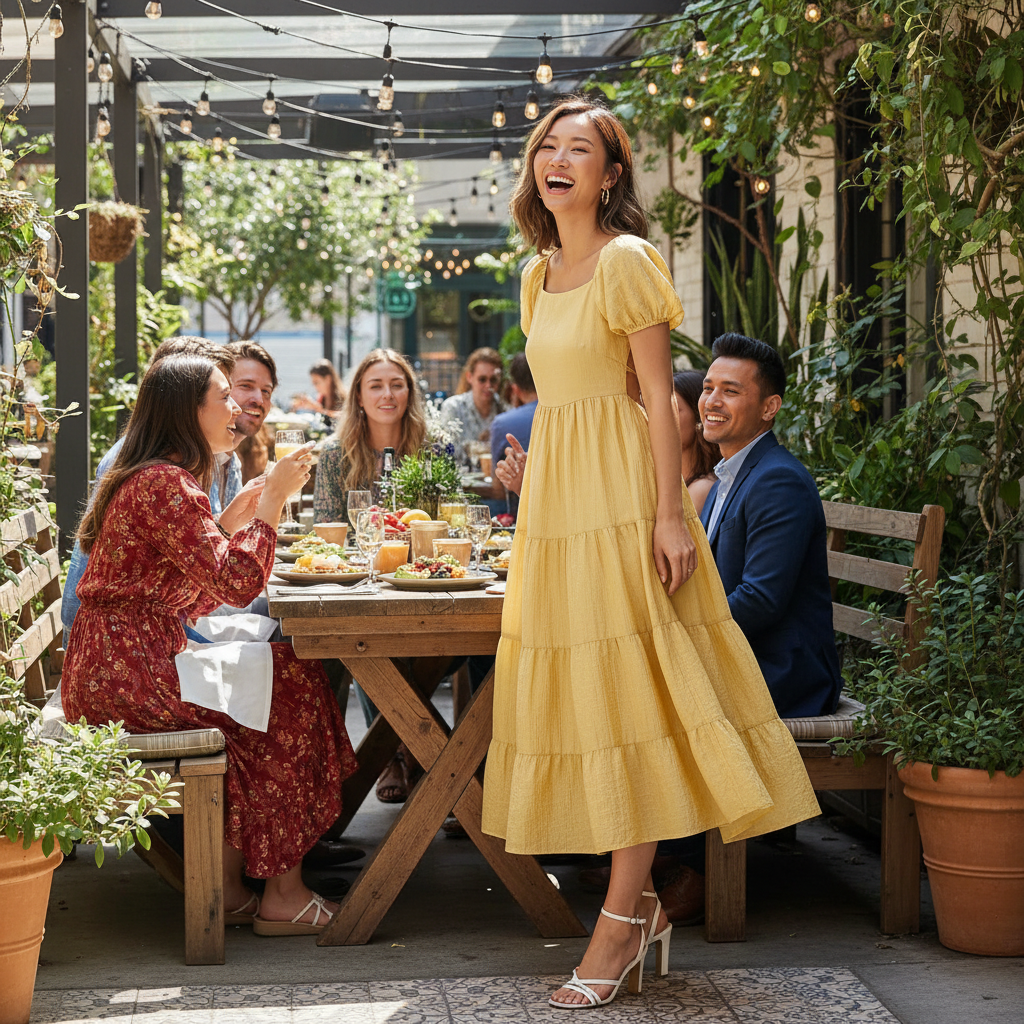 Solid Backless Tiered Puff Sleeve Fit Midi Dress Lifestyle Image