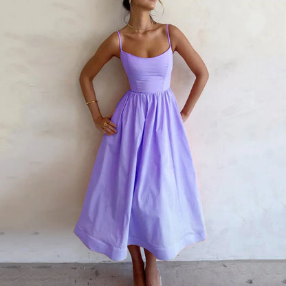 Trendsi solid color summer maxi dress in lavender with spaghetti straps and fitted bodice