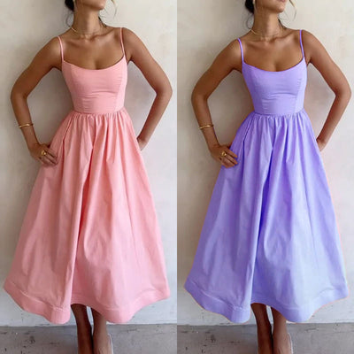Trendsi solid color summer maxi dress in pink and lavender with spaghetti straps and fitted bodice