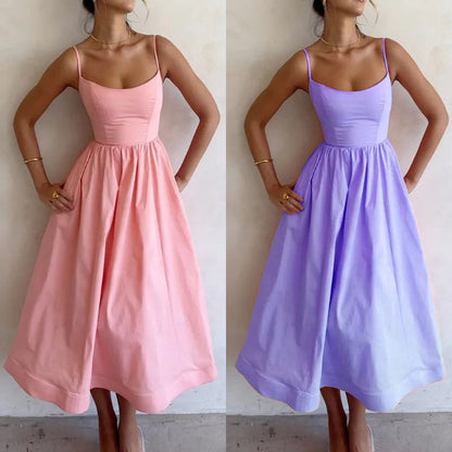 Trendsi solid color summer maxi dress in pink and lavender with spaghetti straps and fitted bodice